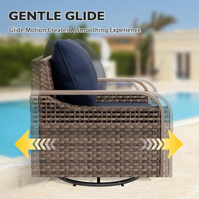 EAGLE PEAK Modern Wicker Outdoor Glider Rocking Chair, Swivel Rocker, Rattan Patio Furniture for Yard Deck Porch Garden, 1 Chair, Brown/Blue