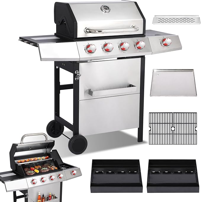 4 Burner Propane Gas Grill Combo w/Side Burner, 3-in-1 BBQ Grill with Charcoal Smoker & Griddle Plate, 46,650 BTU, 448 Sq.In. Stainless Steel Outdoor Cooking Station