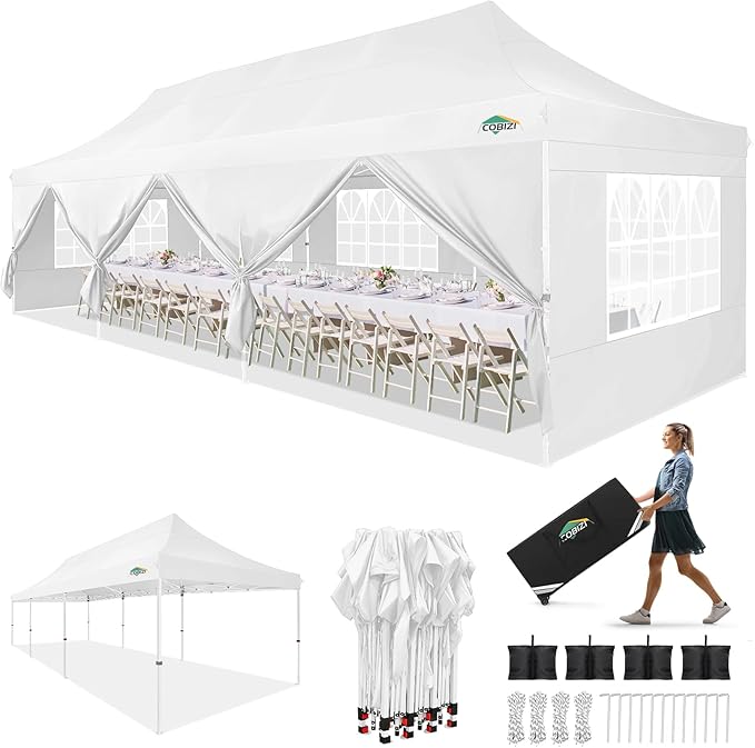 COBIZI 10x30 Pop up Canopy with Wheeled Bag & 8 Removable Sidewalls, Outdoor Canopy Waterproof Commercial Tents for Parties Wedding, with Upgrade Raised Top Cover Roller Bag, with 4 Sandbags(White)