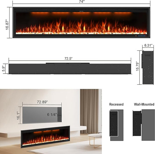 74" Smart Electric Fireplace Inserts,Slim Fireplace with APP Control & Remote Control& Touch Panel,13 Adjustable Flame Color&13 Fuel Bed Colors,750W/1500W,Black