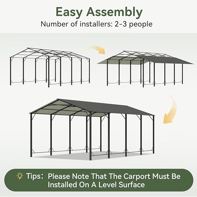Aoxun 12x20 FT Metal Carport, Heavy Duty Carport Canopy with Reinforced Frame and Enhanced Base, Outdoor Car Canopy for Pickup Trucks, Cars, SUVs, Tractors and Boats