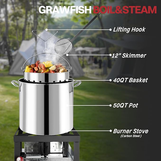 50QT Stainless Steel Crawfish Boiler | Seafood Boiling Kit | Cover & Skimmer Included | 110,000BTU Propane Jet Burner | 0-20 PSI CSA Certified Regulator | Crab Boil Pot for Outdoor Backyard Cooking