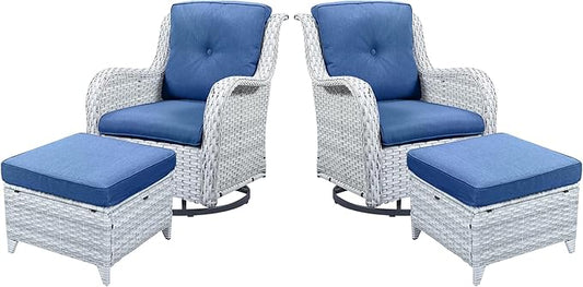 Belord 4 Pieces Patio Furniture Sets, Wicker Patio Swivel Glider Chair with Ottomans, Outdoor Furniture Set for Outside Porch Deck Balcony, Light Grey