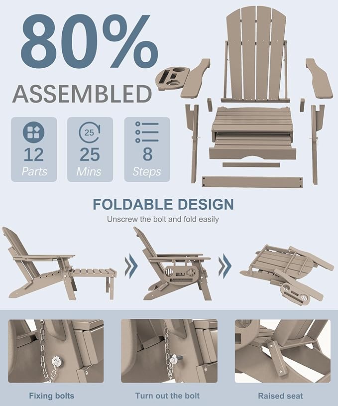 Adjustable Adirondack Chair with Retractable Ottoman Set of 6, HDPE Folding Adirondack Chair with Cup Holder, All Weather Fire Pit Chair for Outdoor.