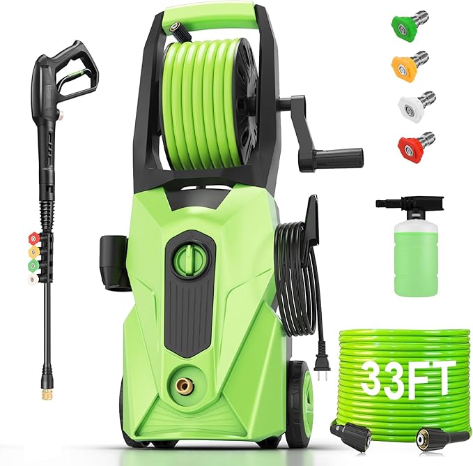 Commowner Pressure Washer 5001PSI Power Washers Powered with 33ft Pressure Hose, 4 Nozzle and Foam Cannon, powerwashers for Home, Cars, Fences, Patio, Green