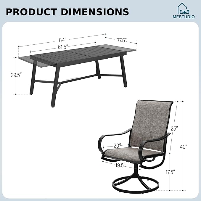 MFSTUDIO Patio Dining Set for 6, Expandable Patio Table and Chairs Set, 7 Piece Outdoor Dining Set for Deck/Backyard/Poolside/Garden