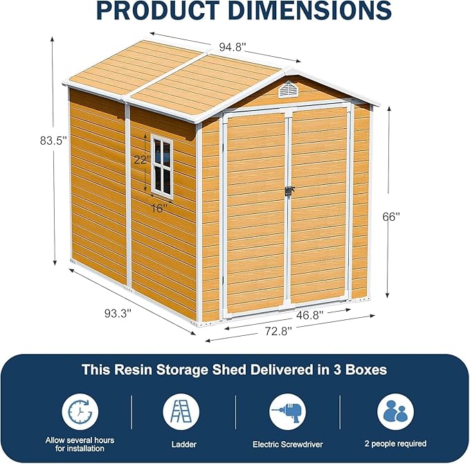 CDCASA 8x6 FT Resin Shed, Waterproof Large Outdoor Storage Shed with Floor Included & Vents, Outside Plastic Tool Shed for Garden Patio Poolside Lawn, Wood-Like Brown