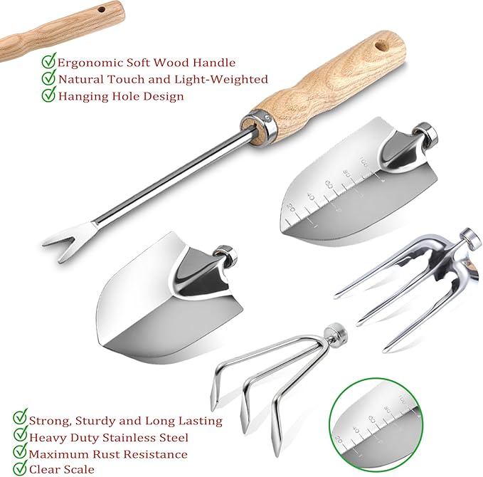 14 PCS Garden Tool Set with Soil Moisture Meter, Stainless Stell Heavy Duty Gardening Hand Tools with Wood Handle, Tote Bag, Repotting Mat, Gardening Tool Set Ideal Gift for Women and Men