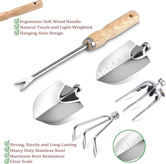 14 PCS Garden Tool Set with Soil Moisture Meter, Stainless Stell Heavy Duty Gardening Hand Tools with Wood Handle, Tote Bag, Repotting Mat, Gardening Tool Set Ideal Gift for Women and Men