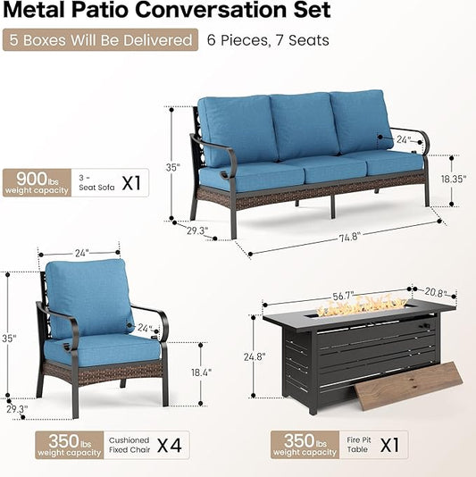 6 Piece Black Metal Outdoor Patio Furniture Sets with Firepit Table, Patio Conversation Sets 1 3-Seater Sofa, 4 Single Sofa with 5.75" Extra Cushion Backyard Furniture for Deck, Navy