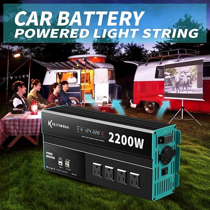 Power Inverters 500W 12V DC to 110V AC Converter for Vehicles USB-C/PD 25W Fast Charging Ports Car Charger Adapter with a Cigarette Lighter Ports Plug Outlet(Modified sine wave-2200W)