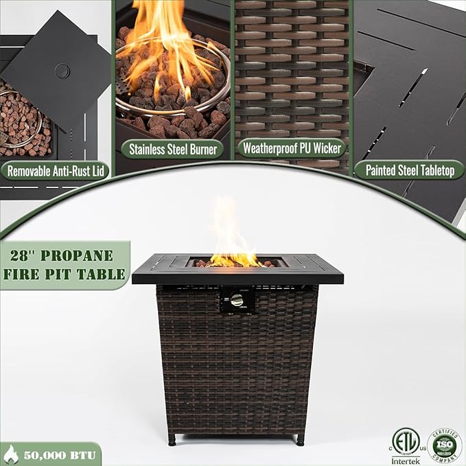 Propane Fire Pit Table, 28 Inch Wicker Firepits for Outside, Square Gas Fire Pit for Outside Patio, Propane Fire Table for Patio, Backyard, Pool, 50,000 BTU, Tank Inside, Black Brown