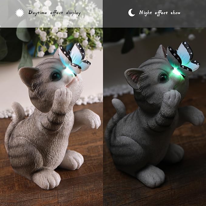 halp·ssfm Cat Garden Statue Outdoor Solar Decorations Butterfly Light Figurine Color Changing LED Lights Resin Sculpture Art Decor Patio Lawn Yard Housewarming Gifts for Women Grandma Mom