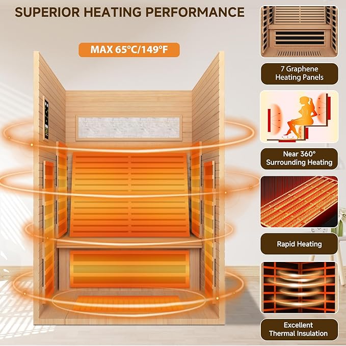 RIGO 2 Person Infrared Sauna for Home - Canadian Hemlock Luxury Spa with Exclusive Star Sky Roof & Oxygen Bar, 7 Low EMF Graphene Heaters, Bluetooth