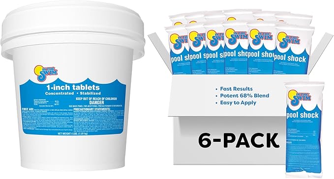In The Swim Chlorine and Shock Bundle for Sanitizing Swimming Pools – Includes 4 Pound Bucket of 1 Inch Chlorine Tablets and 6 x 1 Pound Bags of 68% Cal-Hypo Pool Shock