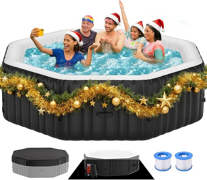Inflatable Hot Tub, 4-6 Person Polygon Portable Blow Up Hot Tub, Leak-Proof PVC Outdoor Spa with 130 Strong Air Jets, Heater Pump and Insulated Cover, 77” X 77”X 25”