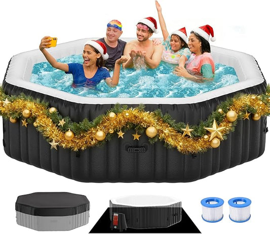 Inflatable Hot Tub, 4-6 Person Polygon Portable Blow Up Hot Tub, Leak-Proof PVC Outdoor Spa with 130 Strong Air Jets, Heater Pump and Insulated Cover, 77” X 77”X 25”