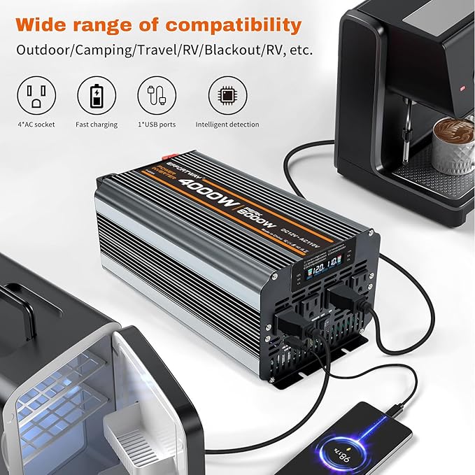 4000w Power Inverter DC 12V to AC 110V/120V Converter with 8000w Peak.Comes with LCD Display, Wireless Controller,4AC outlets 1USB.RV Inverter,Suitable for Camping,and Off-Grid Solar Inverter Systems