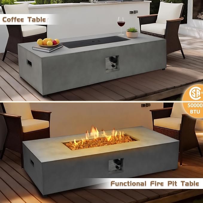 54" Outdoor Propane Fire Pit Table Set, 50,000 BTU Rectangle Concrete Gas Fire Pit Coffee Table W Auto-Ignition, Stainless Steel Burner, Lava Rocks, and Rain Cover for Patio, Backyard, Garden, Porch
