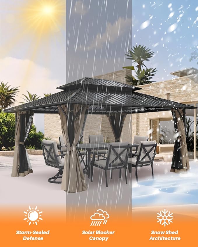 SEEHILL 12' x 16' Hardtop Gazebo, Outdoor Patio Gazebo, Aluminum Frame Patio Hardtop Gazebos with Netting and Curtain, Outdoor Patio Pergola with Double Steel Roofs for Deck, Lawns, Garden, Sandstone