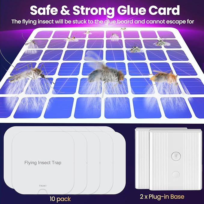 Fly Trap Indoor, 2 in 1 Plug in Fruit Fly Traps for Indoors with Auto Night Light Gnat Traps for House Indoor Flying Insect Trap for Fruit Flies Moths Mosquito (2 Device + 10 Glue Cards)