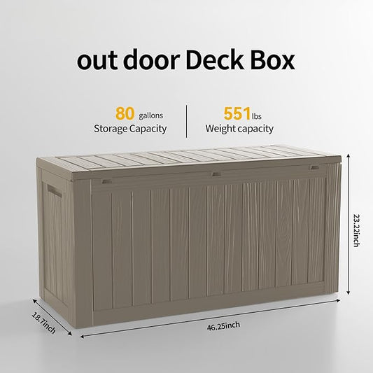 Outdoor Storage Box Waterproof, Lockable Resin 80 Gallon Deck Box Patio Storage Bin for Pool Accessories Cushion Furniture, Garden Tools, UV-Resistant Outside Delivery, Grey