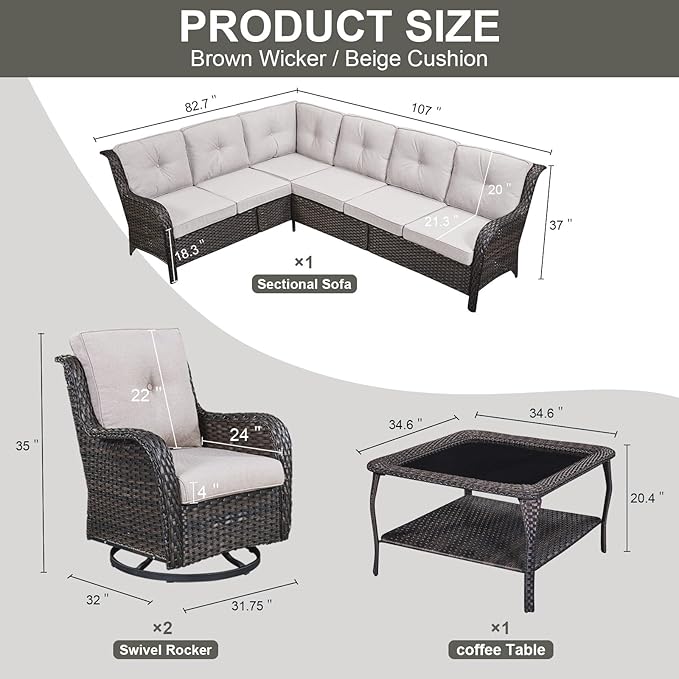 Belord Outdoor Furniture Sectional Sofa L Shaped Couch - Patio Wicker Set with 2 Swivel Glider Chairs, 5 Piece Rattan Patio Conversation Sets with Beige Cushion for Deck Backyard Sunroom