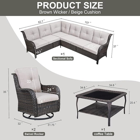 Belord Outdoor Furniture Sectional Sofa L Shaped Couch - Patio Wicker Set with 2 Swivel Glider Chairs, 5 Piece Rattan Patio Conversation Sets with Beige Cushion for Deck Backyard Sunroom