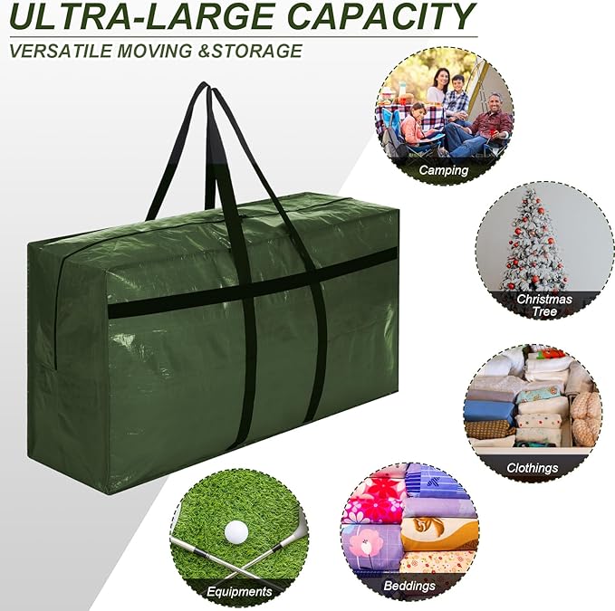 Windyun 4 Pack 57 Gallon Extra Large Storage Bags XXL Moving Bags with Zipper Handles Heavy Duty Jumbo Big Tote Box for Christmas Tree Storage 4, 5, 7.5, 9, 10, 12 ft Skeleton College Dorm(Army Green)