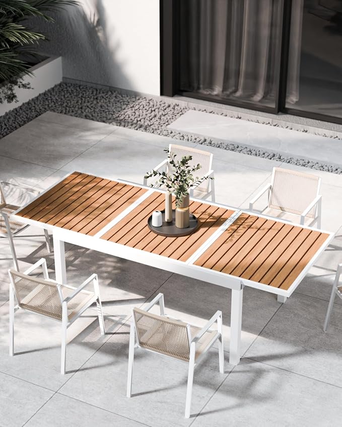 Expandable Patio Dining Table for 4-8 People, Aluminum Outdoor Square Table(55"- 82.7") with Safety Lock, Adjustable Height - Wood Grain for Backyard, Garden, Porch, Yard, Poolside,White