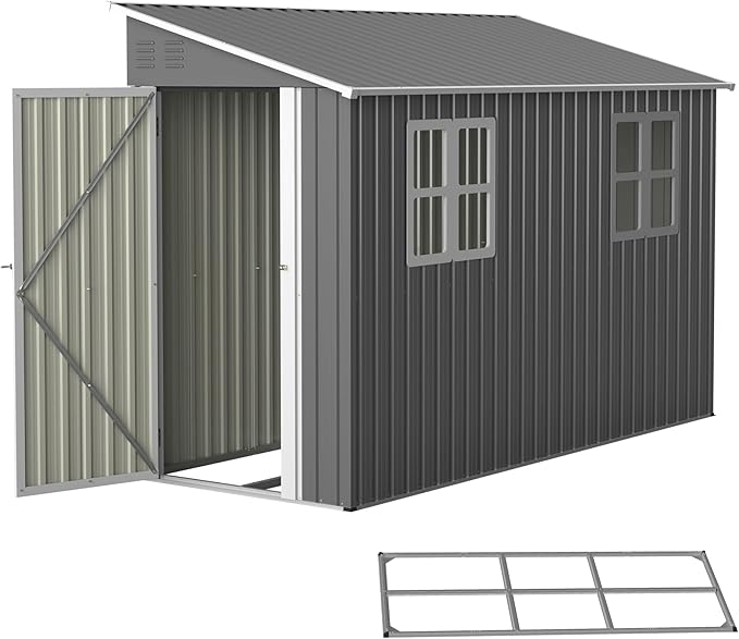 4x10FT Metal Shed with Floor Frame, Lean to Shed with 2 Windows, Outdoor Storage Shed for Garden Backyard Patio, Outside Large Tool Shed for Tools& Bicycle Storage