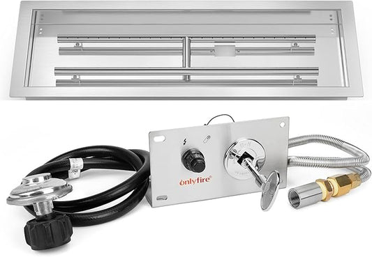 Onlyfire 30 x 10 Inch Drop-in Fire Pit Pan Kit, Rectangular Stainless Steel Propane Gas Firepit Pan with H Burner, Spark Ignition and Propane Hose Kit for Indoor or Outdoor DIY Fire Pit Fireplace