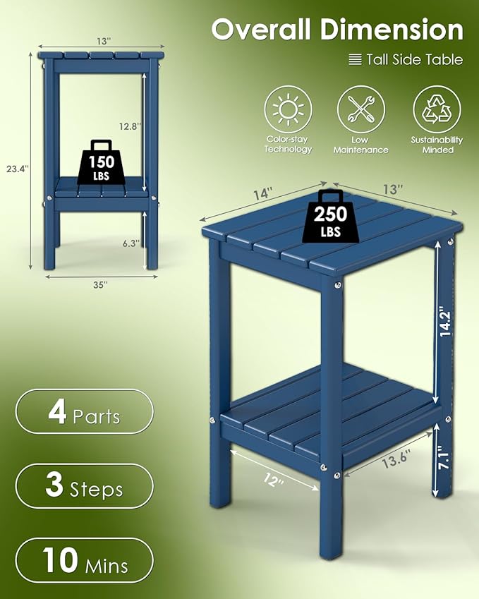 GREENVINES Tall-Outdoor-Side-Table Set of 2 | 23.5" | HDPE Plastic | Patio Adirondack End Tables | All Weather | 2-Tier | Blue | for Porch Garden Indoor & Rocking Chairs