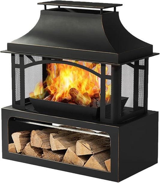 40" Wood Burning Fireplace, Outdoor Fireplace with Wood Storage and Removable Fire Grill, Steel Fire Pit, Woods Burning Chimney for Outside Patio Deck Garden Backyard (Black)