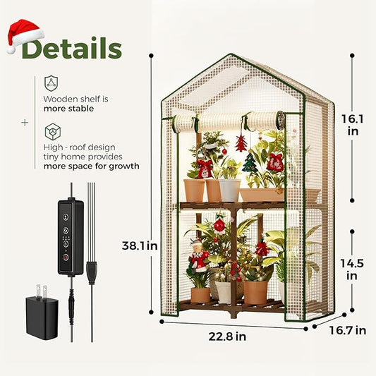 Bamworld Mini Greenhouse with Grow Light Plant Stand for Mutiple Pots Outdoor 2-Tierd Reusable Portable Warm House with PE Cover Compact Patio Boho Home Decor