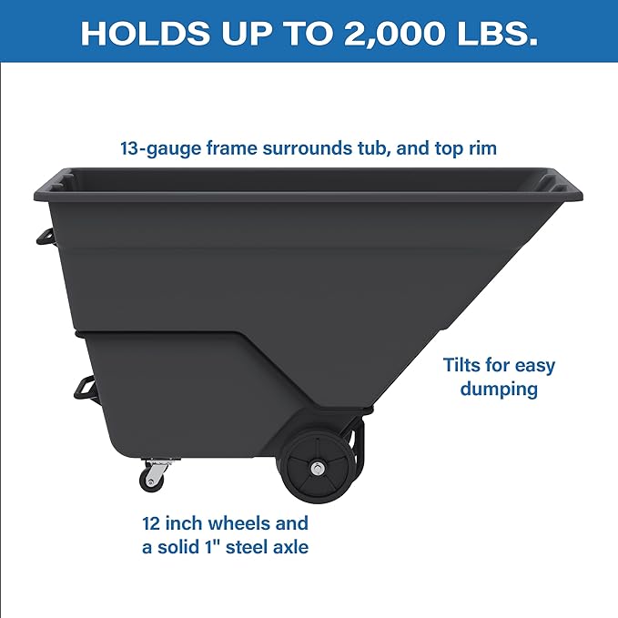 Akro-Mils 77710BLACK Akro-Tilt Heavy-Duty 1.5 Cubic Yard Plastic Truck Utility Cart, Loads up to 2000 lbs., 300 Gallon Capacity, Black