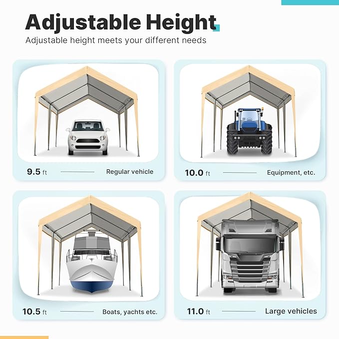 ADVANCE OUTDOOR 10x20 ft Heavy Duty Carport Potable Car Canopy Garage Party Tent Boat Shelter, Adjustable Height, with Leg Cloth, Beige