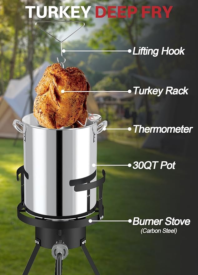 30QT Stainless Steel Turkey Fryer | Seafood & Crawfish Boiler | Basket, Cover & Skimmer Included | 50,000BTU Propane Burner | Perfect Fryer Kit for Holiday and Seasonal Cooking