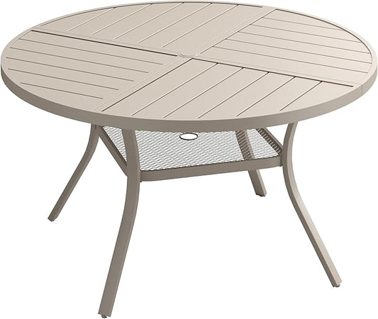 VICLLAX Round Patio Dining Table, 4-6 Person Metal Outdoor Dining Table with Umbrella Hole and Storage Shelf for Garden Lawn Deck, 47.2" Sandshell