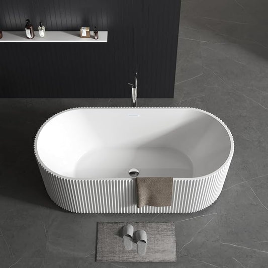 67" Free Standing Tub, Acrylic Soaking Bathtub, Stand Alone Freestanding Tub with Matte Sliver Drain and Overflow, Contemporary Bathtub for Bathroom, Pleated Gloss White