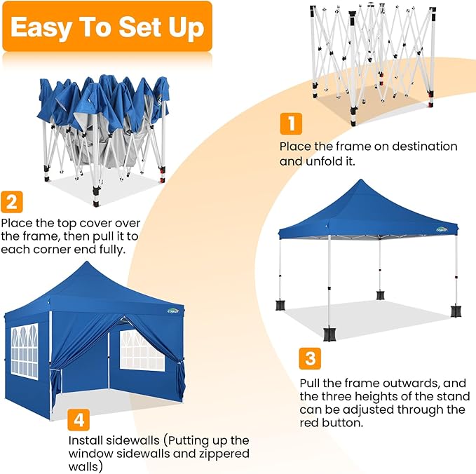 COBIZI 10x10ft Pop Up Canopy with 4 Removable Sidewalls, Easy Up Commercial Gazebos, Waterproof and UV50+ Gazebo with Portable Bag, Adjustable Leg Heights, Tents for Parties, with 4 sandbags