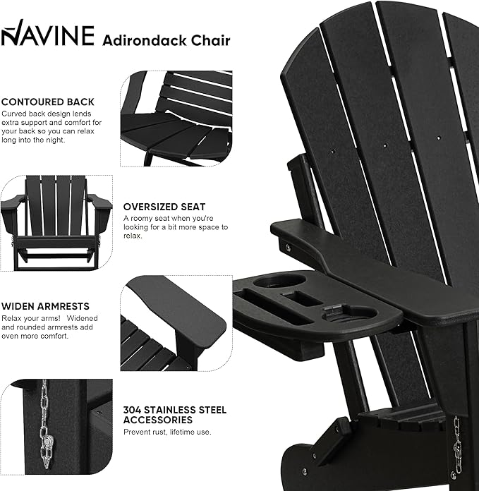 Adirondack Chair, HDPE Folding Adirondack Chair with Multifunctional Cup Holder, Weather Resistant Fire Pit Chair for porches, patios, patios, poolsides, Decks.