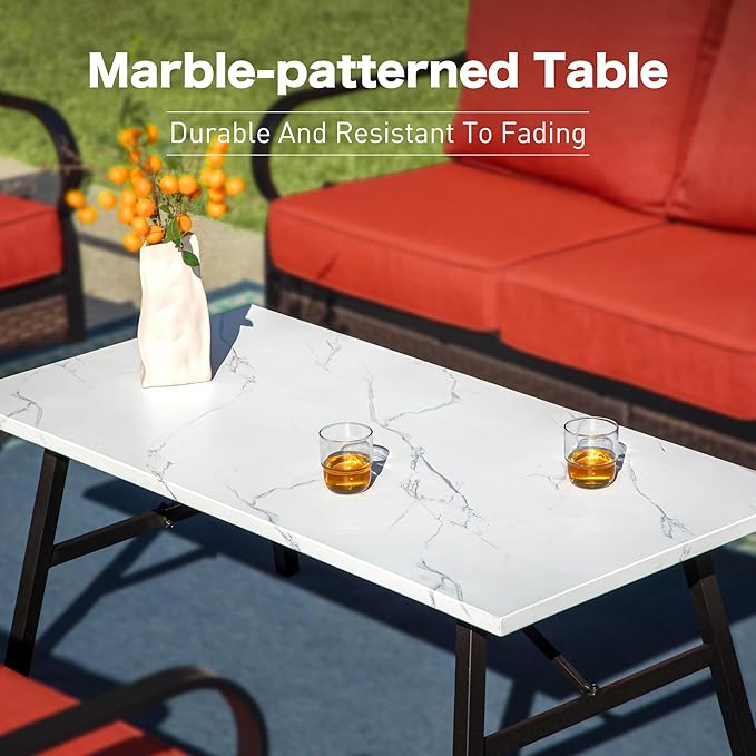 4 PCS Metal Outdoor Patio Furniture Set, Patio Conversation Sets 3-Seater Sofa, 2 Swivel Chairs with 5.75" Extra Thick Cushion & Coffee Table, Black Frame Backyard Furniture, Rust Red
