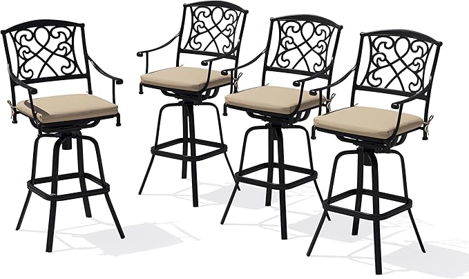 Crestlive Products Outdoor Bar Stools with Sunbrella Cushion Set of 4, 360° Swivel Patio Bar Height Chairs, All Weather Heavy Duty Commercial Grade Furniture, Antique Brown Finish for Outside(Tan)