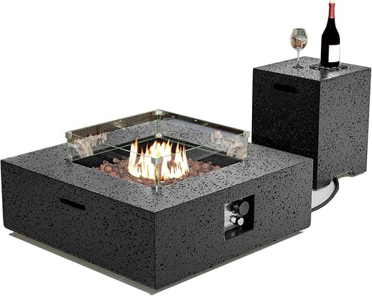 SUNBURY Outdoor Travertine Fire Pit Table, 35 in Square Propane Gas Patio FirePit 50000 BTU, Firepit Table with Lava Rocks, Wind Guard, Propane Tank Cover, Waterproof Cover (Grey)