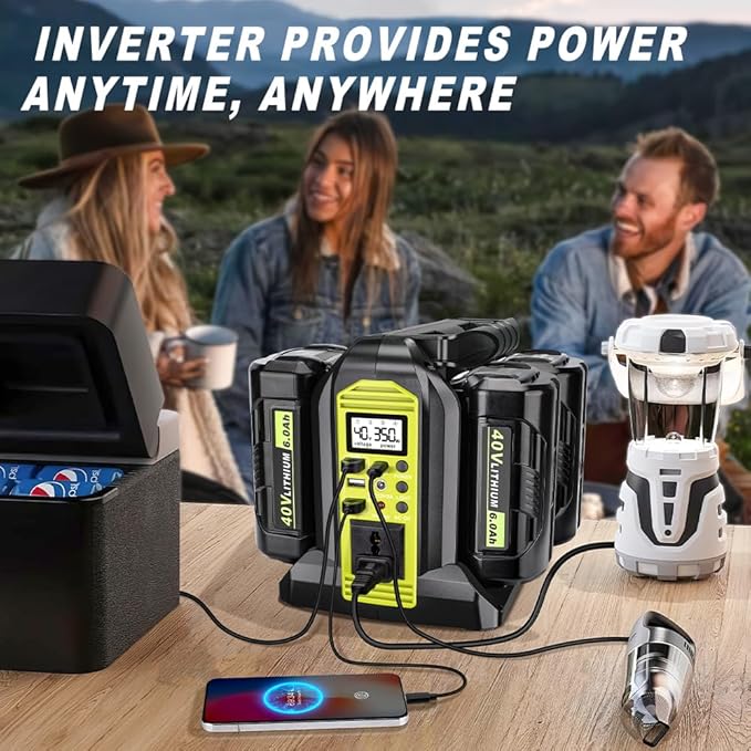 350W Power Inverter Compatible with Ryobi 40V Battery 4-Ports DC 40V to AC 110~120V Pure Sine Wave Battery Inverter with LED Light, USB-A Port,Type-C Port,DC Port for Camping Emergency Travel