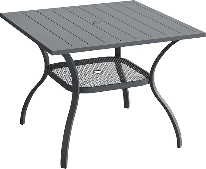VICLLAX 37.8" Square Outdoor Patio Table, All Weather Metal Outdoor Dining Table for Lawn Garden, Grey Wood-Like Tabletop
