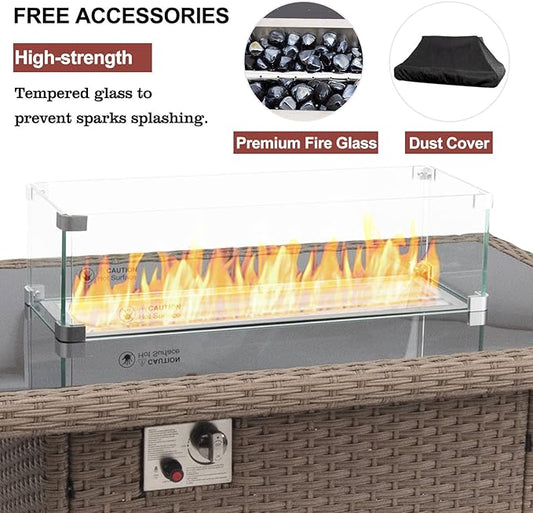 DIMAR GARDEN Outdoor Wicker Fire Pit Table, Propane Gas Fire Table with Glass Wind Guard, Modern Life Luxury Choice, 50,000 BTU 43in