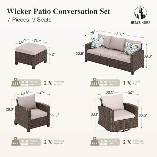 HERA'S HOUSE Swivel Glider Patio Furniture Set, 7 Pieces Wicker Outdoor Seating Furniture, Patio Conversation Sofa Sets for Lawn Backyard Deck, Beige
