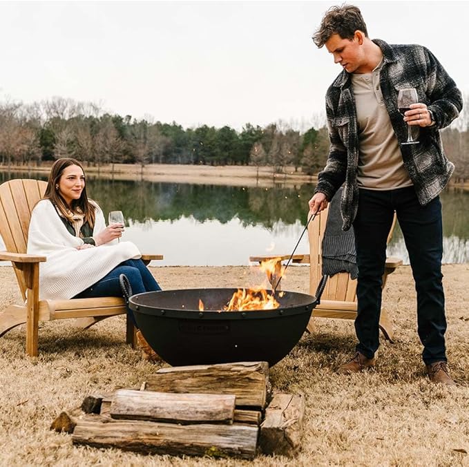 Ash & Ember 32in Hemisphere Fire Pit with Screen and Poker, Cast Iron High-Temperature Black Paint Fire Bowl, Wood Burning Backyard Fireplace, Portable Outdoor Firepit